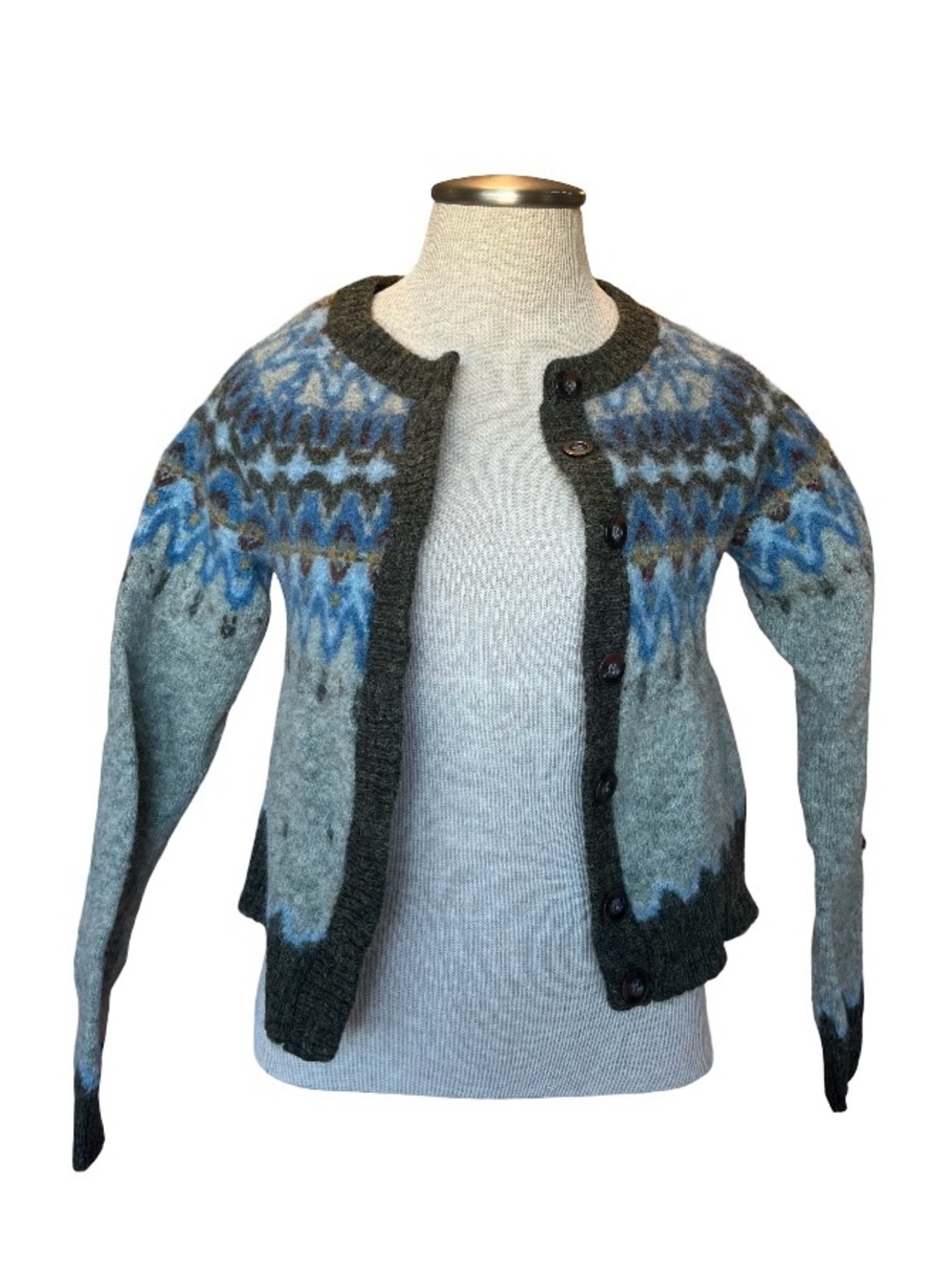 Cross Canyon Vintage Fair Isle Sweater 100% Shetland Wool Gray Blue